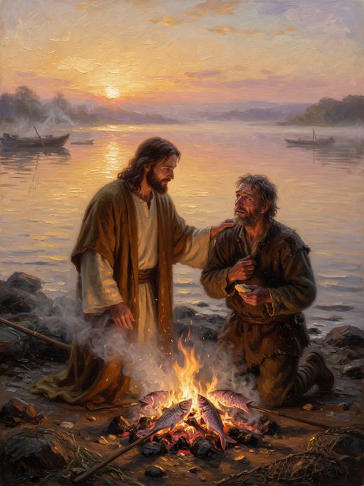 Pintura: Jesus restaurando Pedro junto à fogueira na praia